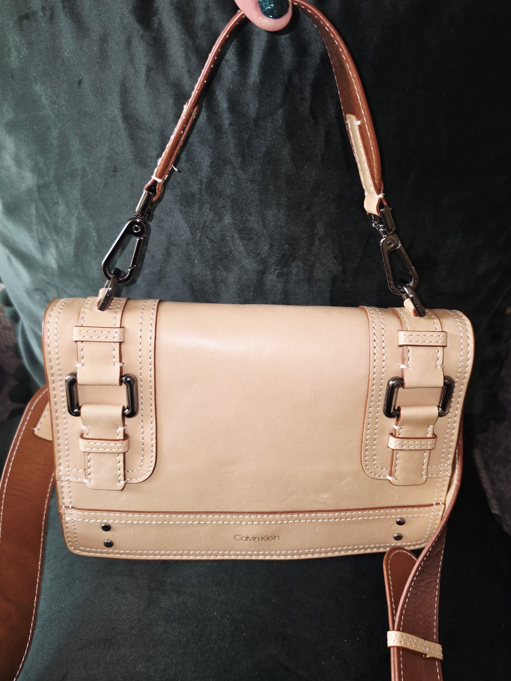 Calvin Klein Brynn Athene Tan Leather Shoulder Bag with Dark Brown Strap